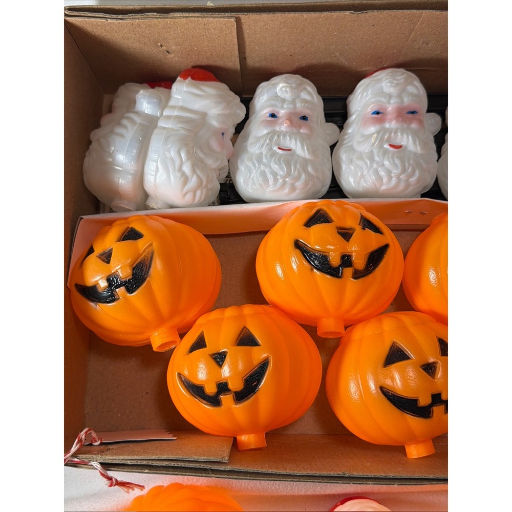 Vintage Blow Mold Light Covers Santa Claus & Jack-O-Lantern Pumpkin Set